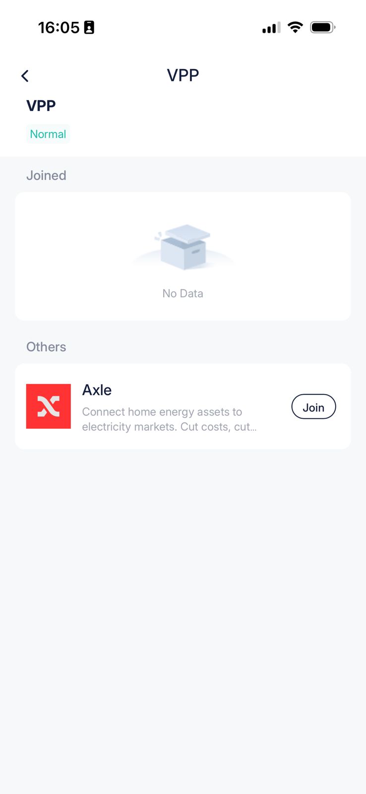SolaXCloud VPP list showing Axle with a Join button